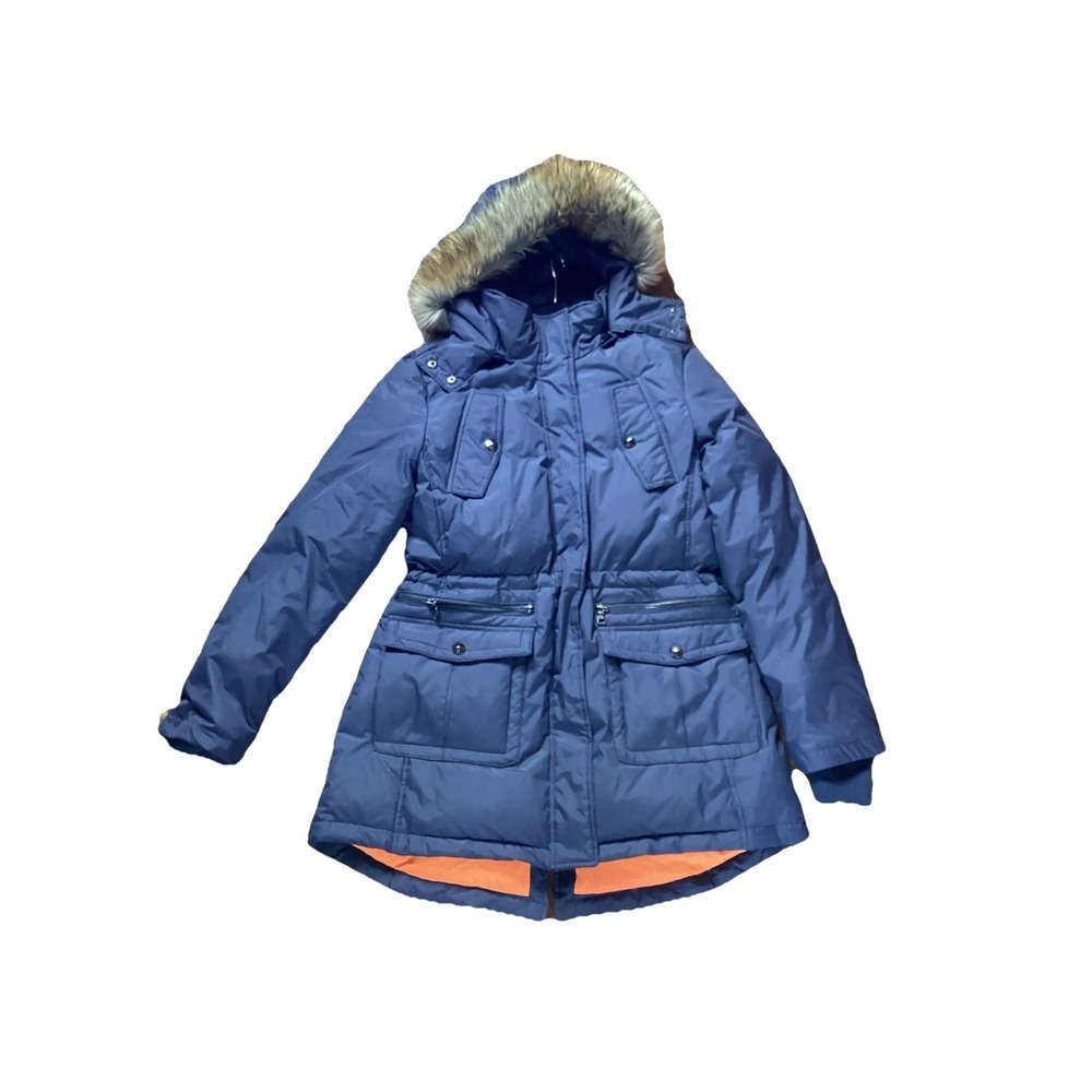 Sam Edelman Puffer Down Parka Coat With Faux Fur Hooded Womens Size Large Navy